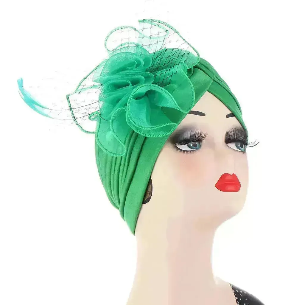 Multicolor Mesh Matching Feather Flower Arab  Hat